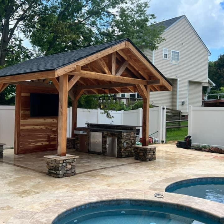 Picture pool deck outdoor kitchen covered space charlotte nc matthews weddington lake wylie fort mill tega cay sc Picture